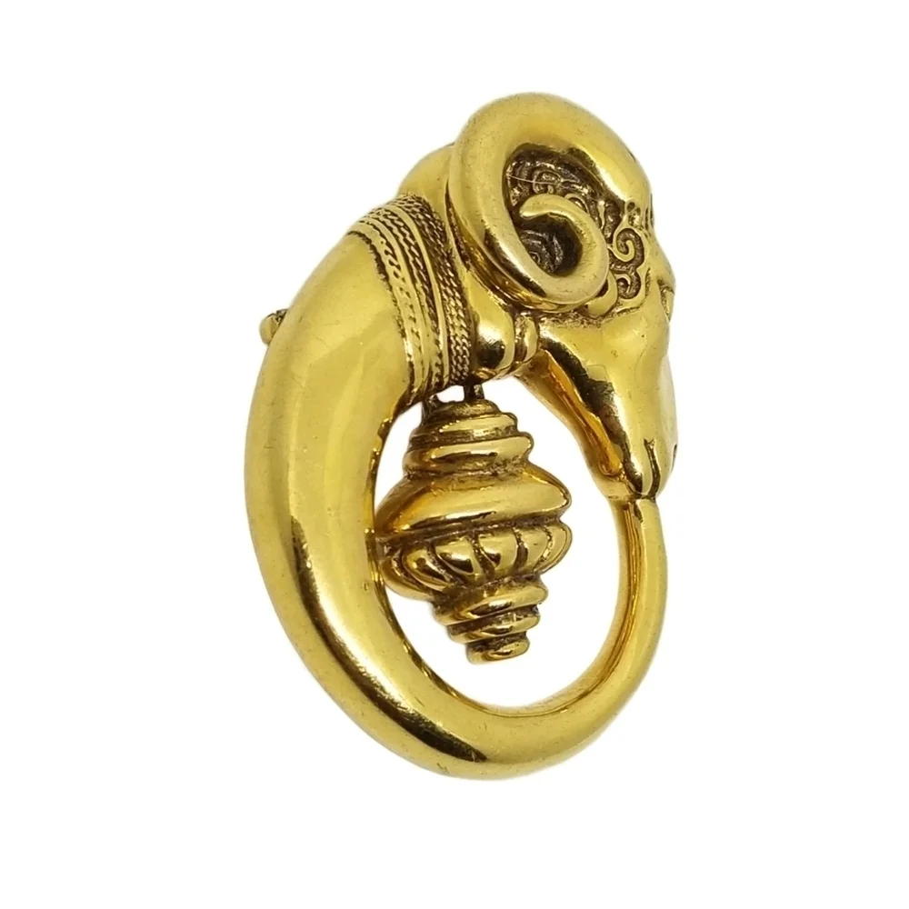 VINTAGE 1980s GOLDTONE RAMS HEAD DOORKNOCKER STATEMENT BROOCH